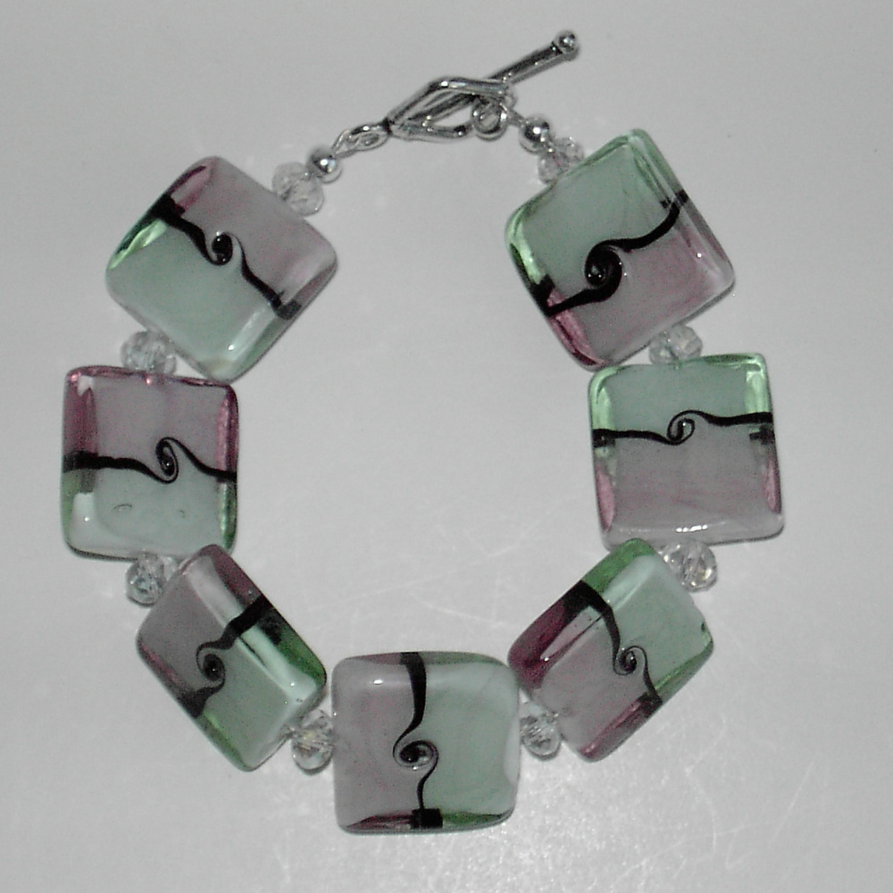 Pink/green glass bracelet  7.75" (#392)